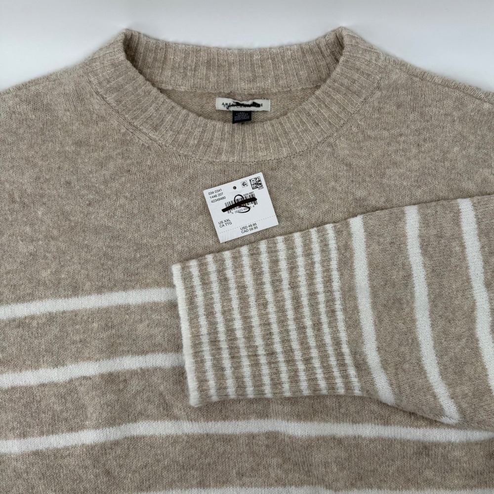 American Eagle Striped Crewneck Sweater Oatmeal White XXL NWT 1446-207